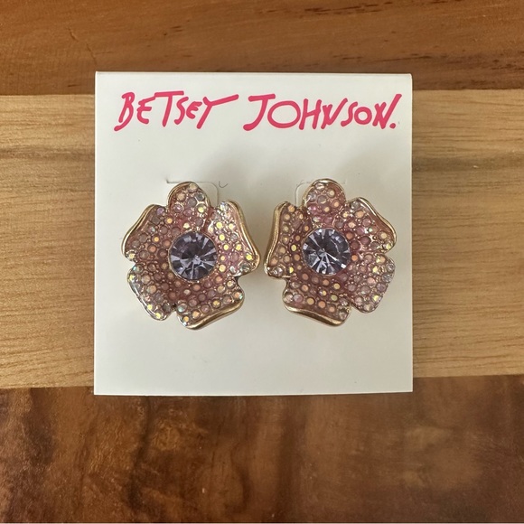 Betsey Johnson Jewelry - Betsey Johnson Gold Tone 3D Flower Purple Crystal Accent Stud Earrings NWT